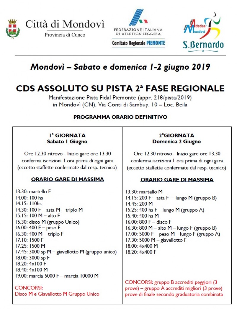 Orario definitivo Campionati di Società Regionali Assoluti II Fase Mondovì - 1 e 2 Giugno